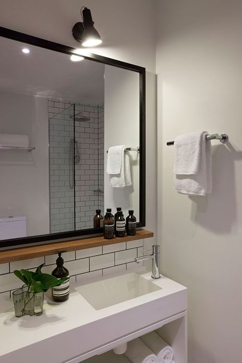 Small wood shelf under mirror. HASSELL | Projects - Ovolo Laneways Bathroom Ideas Mirrors, Bathroom Mirror Design, Bathroom Mirror With Shelf, Bilik Air, Bathroom Mirror Ideas, Bathroom Mirror Frame, Bathroom Model, Gorgeous Bathroom, Mirror Ideas