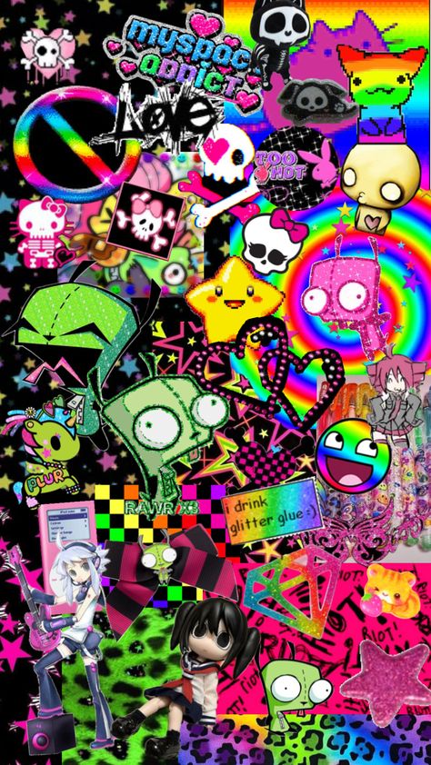 #emo #scene #hellokitty #invaderzim #myspace Scene Kid Wallpaper, Scene Emo Wallpaper, Scenecore Wallpaper, Scene Core Wallpaper, Scene Kid Art, Uicideboy Wallpaper, Scenecore Art, Scene Wallpaper, Scene Background