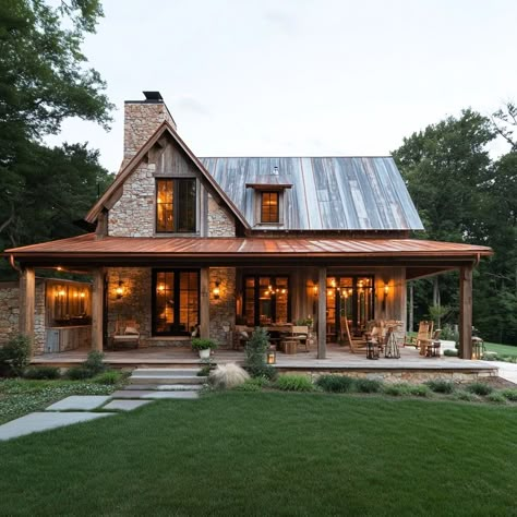 Cabin goals! This stunning stone and timber home is the perfect blend of rustic charm and modern elegance. 🌲✨ #dreamhome #cabinlife #architecture #interiordesign #stonehouse #timberhome #luxuryliving #homegoals Rustic Guest House Small Cabins, Log And Stone Homes, Post And Beam Homes Plans, Log Cabin Home Exteriors, Country Cabin Exterior, Stone Cottage With Porch, Stone And Timber House, Ranch Houses With Porches, Rustic Home Exterior Ranch Style