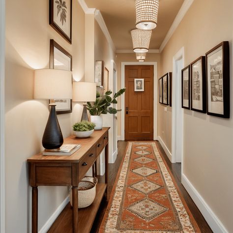 Entryway Ideas For Long Hallway, Narrow Hallway Painting Ideas, Decor For Narrow Entryway, Decorate Long Narrow Hallway, Narrow Hallway Interior Design, Long Hallway Entrance Ideas, Narrow Foyer Design, Small Narrow Hallway Decorating, Passage Decor Hallways