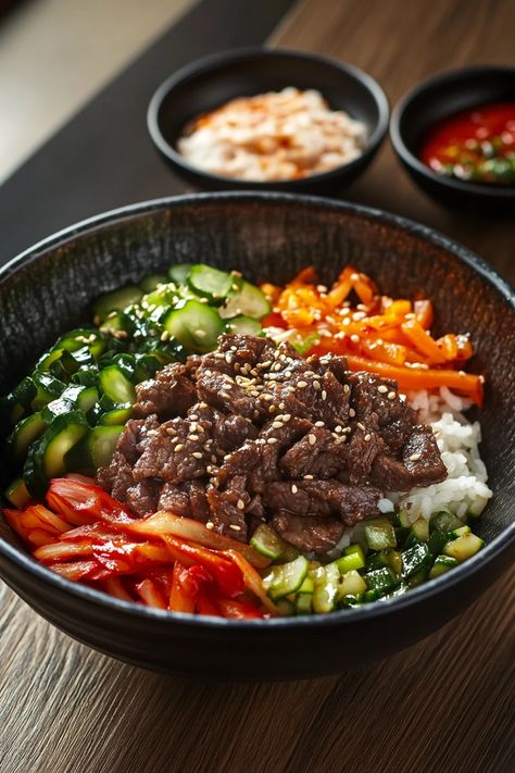 Spicy Korean Beef Bulgogi Bowls bring the bold, savory flavors of Korean cuisine into a convenient and delicious meal. Bulgogi, which means “fire meat,” is a traditional Korean dish made ... Read more Korean Roast Beef, Bugolgi Recipe Beef Bowl, Chinese Food Recipes Traditional, Simple Korean Meals, Bugolgi Recipe, Ground Beef Bulgogi Bowl, Korean Bowl Recipe, Beef Bibimbap Recipe, Korean Dinner Ideas