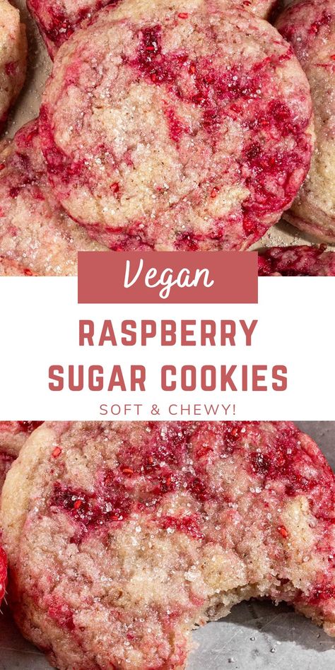 These soft & chewy Vegan Raspberry Sugar Cookies are made with only 9 ingredients and require only 1 hour of chill time! Not only are these cookies eggless & dairy-free, but they have the perfect mix of sweet and tart flavors thanks to the frozen raspberries, fresh lemon zest, and cane sugar. #raspberrycookies Vegan Blackberry Cookies, Vegan Jam Cookies, Easy Vegan Strawberry Dessert, Easy Nut Free Desserts, Sweet Simple Vegan, Delicious Vegan Desserts, Vegan Witch Recipes, Vegan Valentines Day Cookies, Vegan Low Sugar Desserts