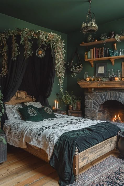 Witchy Rustic Decor, Cozy Witch Bedroom, Witch Cottage Interior Bedroom, Witch House Bedroom, Witchcraft Bedroom Ideas, Earthy Witch Bedroom, Dark Cottage Core Room Ideas, Romantic Earthy Bedroom, How To Create Natural Light In A Room