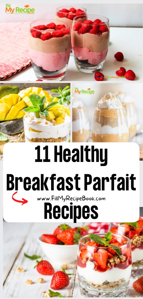 11 Healthy Breakfast Parfait Recipes ideas. Make ahead Greek yogurt or cheese cake with granola and fruit, a dessert kids will love to eat. Apple Crisp Yogurt Parfait, Yogurt Parfait Ideas Breakfast Recipes, Breakfast Parfaits Make Ahead, Healthy Fruit Parfait Recipes, Fruits For Breakfast Ideas, Greek Yogurt Parfait Healthy, Breakfast Parfait Recipes Make Ahead, Healthy Parfait Recipes Breakfast, Brunch Fruit Recipes