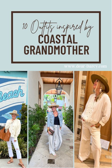 Coastal Granny Fashion, Coastal Grandmother Beach Outfits, Beachy Grandma Aesthetic, Coastal Grandmother Hairstyles, Coastal Grandma Chic Outfits, Coastal Grandmother Style Clothing, Coastal Grandmother Shoes, Grandma Coastal Fashion, Grandma Fall Outfits