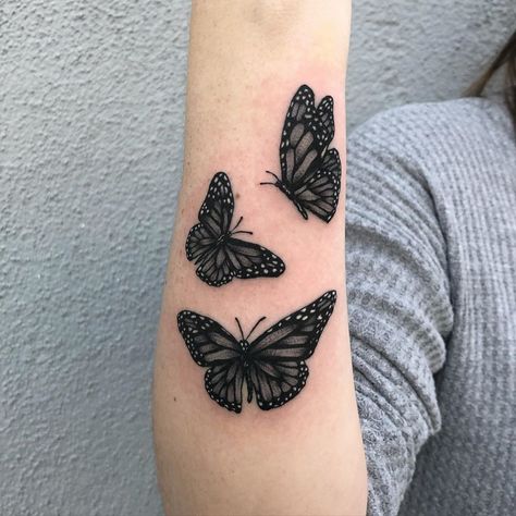 Three Gorgeous Black Butterflies Cover Up Butterfly Tattoo Ideas, Black Butterfly Cover Up Tattoo, Coverup Butterfly Tattoo, Black Buterfluffy Tattoo, Shaded Butterfly Tattoo Black, Lace Butterfly Tattoo, White Butterfly Tattoo, Mens Butterfly Tattoo, Black Butterfly Tattoo