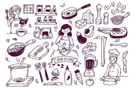 Cooking Tattoo, Vector Kitchen, Hand Drawn Doodles, Cartoon Chef, Kitchen Icon, Diy Crafts Bookmarks, Doodle Pages, Food Cartoon, Sketch Notes