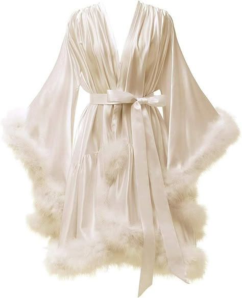 Women's Feather Robes Silk Satin Bridal Wedding Robe Dressing Gown Premium Lingerie Bathgown Sleepwear Blush L/XL at Amazon Women’s Clothing store Fancy Robes, Bridal Dressing Gown, Pijamas Women, Robe Silk, Lingerie Nightgown, Crop Top Dress, Silk Robe, Dressing Gown, Wide Sleeves