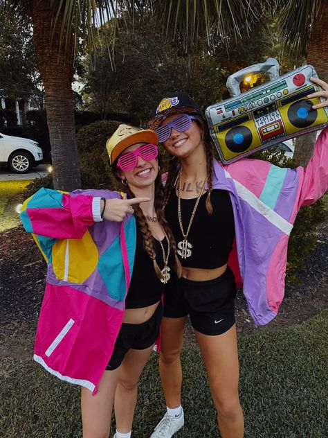 80s Neon Halloween Costume, 80s Dj Costume, Cute 80s Halloween Costumes, Preppy Rapper Halloween Costume, Halloween Costumes Duo 2022, Rapper Dress Up, 80s Football Theme, Neon Robbers Halloween Costume, Easy Two People Halloween Costumes