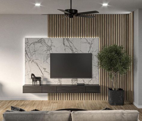 The wood panels in this living room are able to provide an attractive appearance for you to try. The picture behind the TV combined with these marble accents will also result in the perfect home decoration. Living Room Wall Panel from @cwwoodcraftusa #accentwallideas #wallupgrade Tv Accent Wall, Tv Wall Panel, Feature Wall Living Room, Modern Tv Wall, Tv Wall Decor, Tv Wall Unit, Tv Wall Design, Home Design Living Room, Living Room Tv Wall