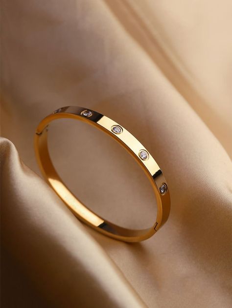 1pc Fashionable Stainless Steel Rhinestone Decor Bangle For Women For Daily Decoration Golden Breslet For Women, Daily Use Bracelet For Women, Best Bracelets Women, Women Kada Designs, Stainless Steel Bracelet Woman, Gold Bangles Bracelet, Stainless Steel Bracelets, Gold Bangle Designs For Women, Bracelet Models Gold For Women