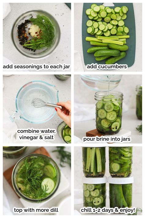 You won't believe how easy it is to make refrigerator dill pickles at home. No fancy equipment or special skills required! (These homemade pickles also naturally Paleo, Whole30, Gluten-Free) This easy dill pickles recipe is perfect for sandwiches, burgers, and snacking. Get the recipe for the best refrigerator pickles and more summer recipes to try at One Lovely Life Dill Pickle Recipes Homemade, Diy Pickles Easy, Refrigerator Dill Pickles Crunchy, Healthy Pickle Snacks, How To Make Pickles From Cucumbers, Best Refrigerator Pickles, Cucumber Pickle Recipes, Recipes With Pickles, Easy Pickle Recipes