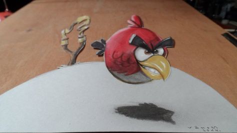 Anamorphic illusion a Red Bird. Trick Art 3D.  How to draw a red Angry Bird. Cute drawing.  Mixed media.  Materials used:   Pastell paper: light gray. Bird Cute Drawing, Bird Outline Tattoo, Interesting Sketches, 3d Pencil Art, Best Pet Birds, Red Angry Bird, Draw Birds, Red Bird Tattoos, Tiny Bird Tattoos