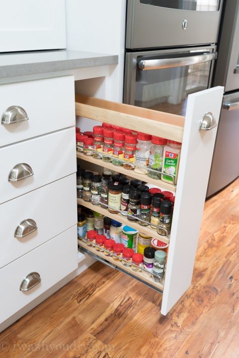 I would do 2 on either side of the stove. One for spices and the other for sauces and cooking wines.   Pull Out Spice Drawer! Kitchen Cabinets Corner, Kitchen Niche, Drawer Spice Rack, Corner Drawers, Cabinets Corner, Spice Organization Drawer, Spice Drawer, Kitchen Redesign, Diy Kitchen Renovation