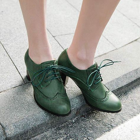 Block Heel Wingtip Oxford Shoes | Oxfords | Green 50s Goth, Prom Dresses Accessories, Heeled Brogues, Bright Autumn, Oxford Brogues, Pleaser Shoes, Boots For Short Women, Womens Pumps, Oxford Heels