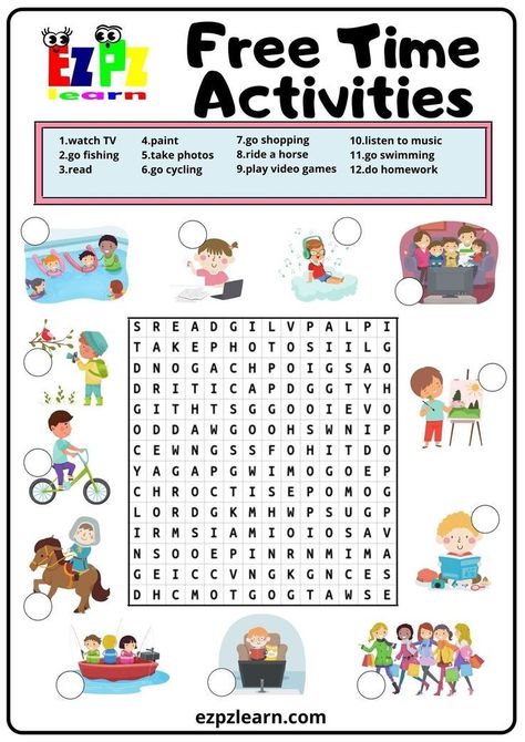 Freetime Activities Worksheet, English Learning Games, Wordsearch Worksheets, Games Worksheet, Daily Routine Worksheet, English Games For Kids, Game Worksheet, Word Puzzles For Kids, Games Puzzle