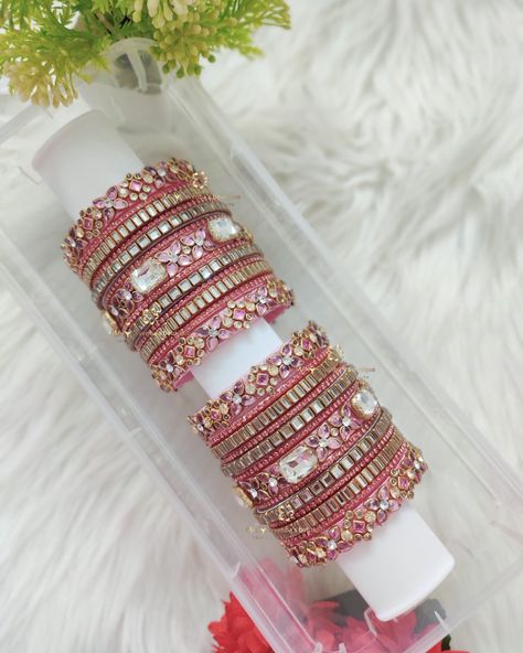 ⚜️ New launch :: Customized Bridal Kundan Bangles in baby pink with white stone combo with hangings ✨ ⚠️Strictly don’t copy our designs. Respective copyright actions will be taken accordingly 💌 We’re exclusively specialized in silkthread shining finishing and intricate stone finishing 🥰🥰 💥💥 Follow @maya_venba_boutique for upcoming exquisite bangles collections and exclusive finishing ❣️ ❣️ DM/Whatsapp - 8637452661 to get customized ❣️ Bridal bangles and bulk orders are accepted for all ... Bridal Kundan Bangle Set, Bride Bangles Indian Bridal, Lehenga Bangles, Bangles For Lehenga, Kundan Bangles Design, Diy Kundan Jewellery, Aari Bangles, Bride Bangles, Diy Bangles