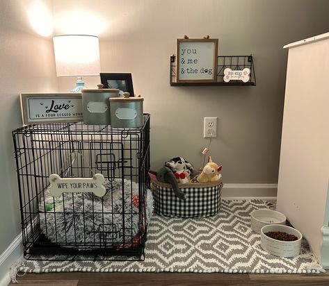 I had an empty space after taking down the Christmas tree, so it went to the dogs of course💕 Dog Section In Bedroom, Dog Crate Bedroom Ideas, Dog Crate Areas In House, Doggie Corner Ideas In Living Room, Dog Spot In House, Dog Crate Area, Dog Spaces In Apartments, Diy Dog Room Ideas Small Spaces, Dog Area In Living Room