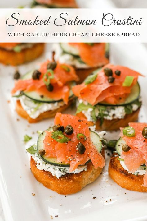 This Smoked Salmon on Crostini is a delicious and easy appetizer that you can make for any get together! They’re perfect for parties, the holidays and even for brunch. To find this smoked salmon appetizer recipe visit Sugar Maple Farmhouse. Garlic Herb Cream Cheese, Smoked Salmon Crostini, Salmon Crostini, Salmon Appetizer Recipes, Herb Cream Cheese, Smoked Salmon Appetizer, Crostini Recipe, Salmon Appetizer, Crostini Appetizers