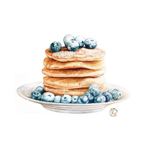 Pancakes and blueberries for breakfast. Watercolor illustration. Blueberries, Pancakes, Red