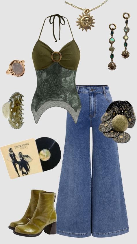 Boho hippie 70s inspired outfit #outfitinspo #vintage #whimsigoth #hippie #boho Boho Aesthetic Outfit, Outfit Hippie, 70s Inspired Outfits, Denim Dress Outfit, Hippie 70s, 70s Denim, Estilo Hippy, 70s Outfits, Earthy Outfits