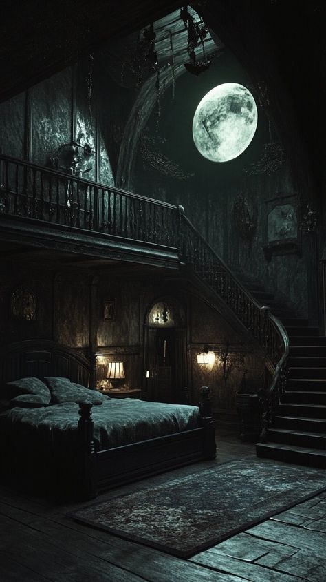 Large Gothic Bedroom, Noir Bedroom Aesthetic, Wizard Bedroom Aesthetic, Dark Manor Aesthetic, Creepy House Interior, Creepy Room Aesthetic, Dark Witchy Bedroom, Witch Mansion, Goth Room Aesthetic