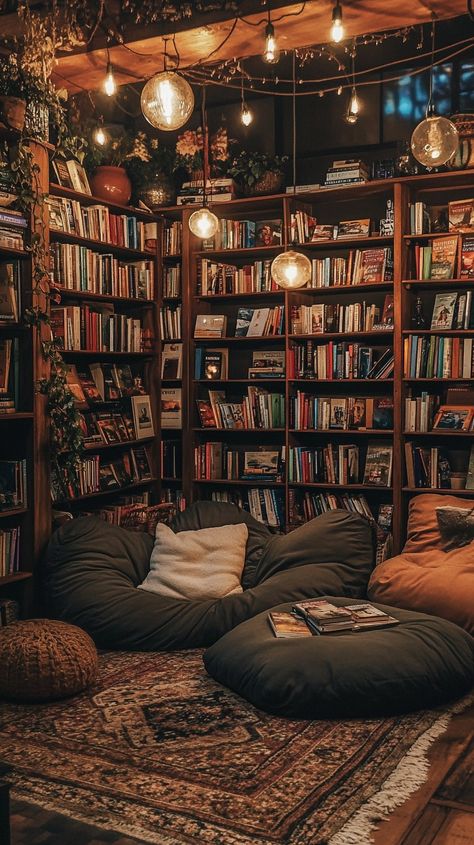 Download 'Cozy reading nook' - A snug and inviting reading nook surrounded by towering bookshelves filled with various books and colorful cushions. - Get this free stock photo and more high-quality images on StockCake. No attribution required. Book Nook Dark Academia, Home Bookshelf Ideas, Many Books Aesthetic, Cozy Places To Read, Reading Nook Dark Academia, Cozy Library Room Ideas Book Nooks, Cozy Apartment Vibes, Rustic Library Aesthetic, Cozy Writing Nook