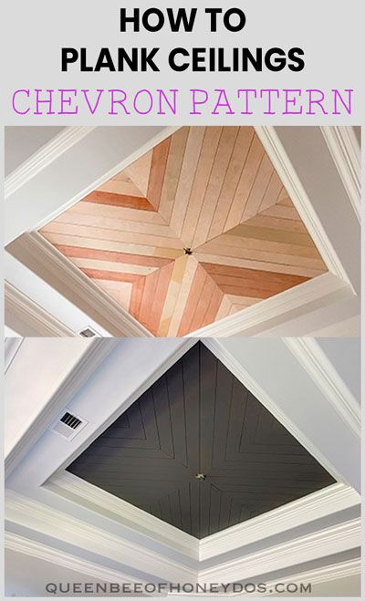 How To Install a Chevron Plank Ceiling - Part 3 of the One Room Challenge Makeover! See this dining room be converted into an updated, classy, office space! #renovations #office #ceiling #shiplap #planked Accent Ceiling Entry Way, Recessed Ceiling Living Room, Ceiling Inlay Ideas, Black Shiplap Ceiling Bedroom, Cool Ceiling Design, Vaulted Ceiling Bathroom Ideas, Plank Ceiling Kitchen, Trey Ceiling Ideas Bedroom, Hallway Ceiling Design