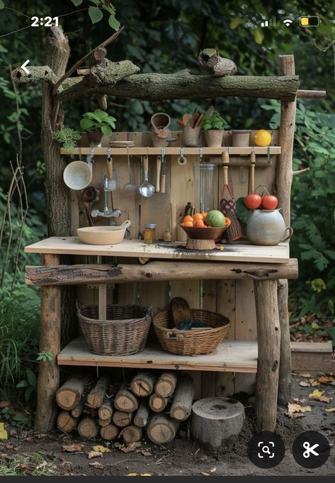 Garden Kids Ideas, Mud Kitchen Under Playset, Mud Kitchen Garden Area, Mud Art For Kids, Outdoor Kitchen Kids Diy, Dirt Kitchen Kids, Kids Garden Projects, Preschool Mud Kitchen, Diy Pallet Kids Outdoor Play