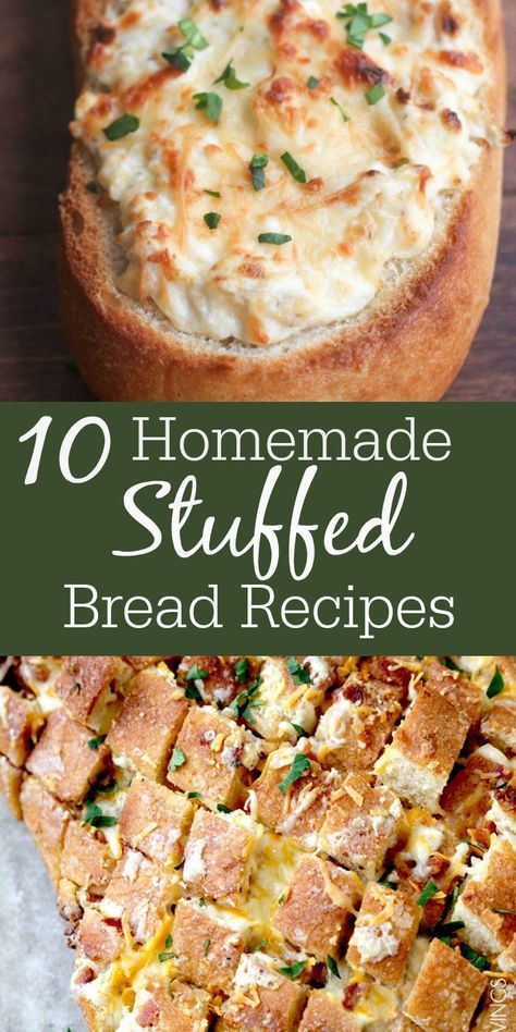 These 10 Homemade Stuffed Bread Recipes that are guaranteed to rock your socks right off! From sweet and savory to breakfast to dessert - we've got you covered! French Bread Appetizers Parties, Party Bread Recipes, Stuffed Bread Loaf Recipes, Stuffed Bread Appetizers, Stuffed Sandwiches, Stuffed Bread Recipes, Cheap Appetizers, Stuffed Breads, Stuffed Bread