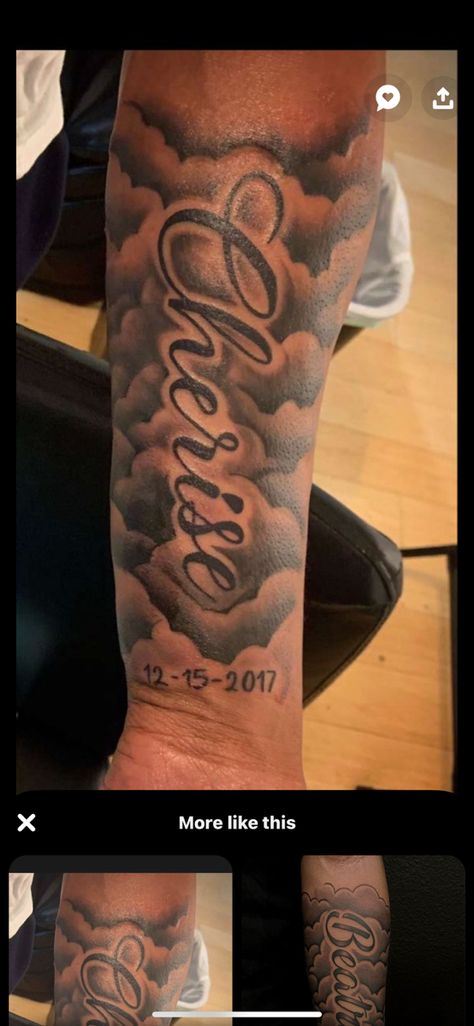 Cloud Arm Tattoo Half Sleeves, Memorial Cloud Tattoos, Cloud Tattoo Ideas For Men, Forearm Cloud Tattoo For Men, Cloud Forearm Tattoo Men, Sleeve Tattoos Clouds, Clouds Tattoo For Men, Clouds Tattoo Sleeve, Cloud Shading Tattoo