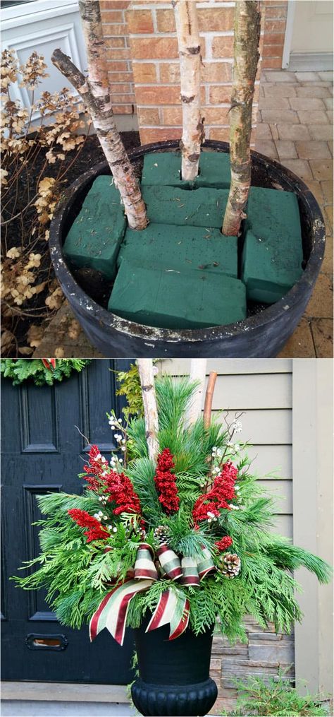 24 Stunning Christmas pots and planters to DIY for almost free! How to create colorful winter planters as beautiful Christmas outdoor decorations, with evergreens, berries, pinecones, branches, & creative elements! - A Piece of Rainbow   #containergardening #planters #pots #plants #christmas #christmasdecorations #christmasideas #thanksgiving #holiday #gardens #patio #patiodesign #backyard #curbappeal #diy #gardening #gardeningtips #gardendesign #gardenideas #homedecor #homedecorideas Diy Gardening Ideas, Winter Planter, Christmas Pots, Christmas Planters, Holiday Decorating Ideas, Diy Garden Furniture, Christmas Garden, Christmas Outdoor, Indoor Christmas Decorations