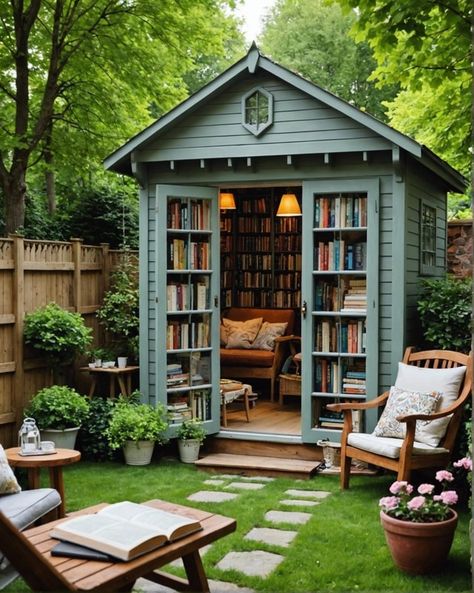 Library Garden Ideas, She Shed Patio Ideas, Garden Shed Library, Reading Shed Ideas, Outdoor Garden Rooms Ideas, Whimsical She Shed, Outdoor Book Nook, Book Shed Backyards, Garden Library Aesthetic