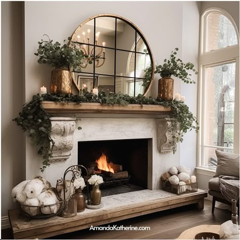 30+ Spring Mantel Decor Ideas To Herald Warmth In Your Home - Amanda Katherine Mantel With Corbels Mantle Ideas, Aesthetic Mantle Decor, Bedroom Mantle Decor With Tv, Fireplace Unused Ideas, Mantel Decorating Ideas Tall Ceiling, Mirrors Above Fireplace Ideas, Mirror Over Stone Fireplace, Classic Mantel Decorating Ideas, Style A Mantle Mantel Ideas