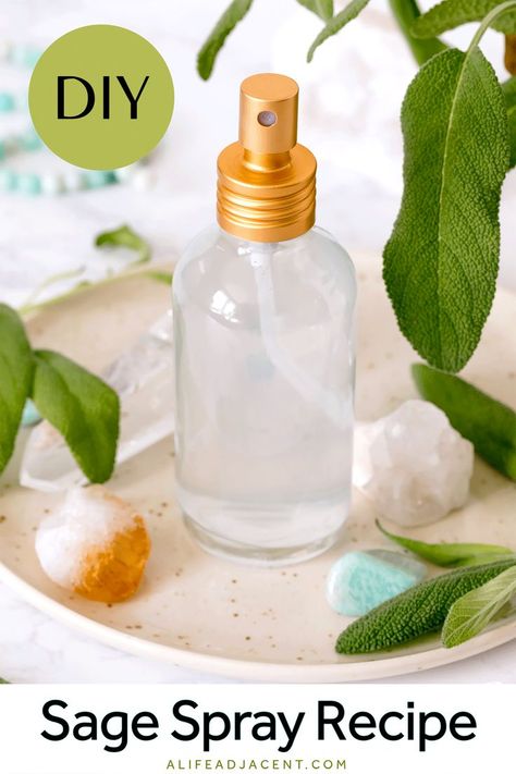 DIY sage spray in spray bottle shown with crystals and fresh sage. Smudge Spray Diy, How To Make Sage Oil, Smudge Spray Recipe Essential Oils, Diy Smudge Spray, Sage Spray Diy, Palo Santo Spray Recipe, Diy Sage Spray, How To Make Sage Spray, How To Make Smudge Spray