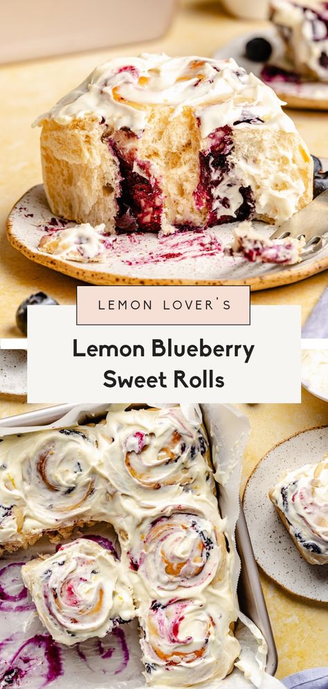 Absolutely to die for, big, soft lemon blueberry sweet rolls bursting with a homemade quick lemon blueberry filling and topped with a luscious lemon cream cheese frosting. These lemon sweet rolls are a glorious new take on my famous cinnamon roll recipe and are perfect for brunch, dessert, and celebrating spring and summer holidays! Desert Spring Rolls, Pretty Food Desserts Recipes, What To Do With Excess Eggs, Spring Bakery Treats, Dessert Roll Recipes, Cinnamon Roll Alternative, 85 Degrees Bakery Recipe, Spring Time Food, Spring Time Dinner Recipes