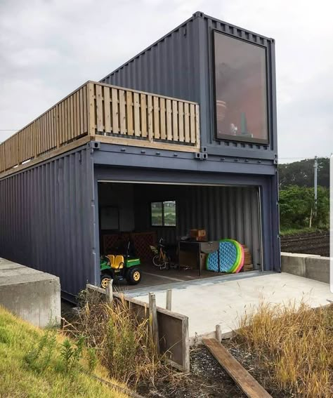 Build a shipping container home and still have a giant garage!  Do you know who built this home? Comment below so we can give them credit! Piscina Container, Container Garage, Shipping Container Buildings, Shipping Container Ideas, Shipping Container Design, Shipping Container Architecture, Container Home Ideas, Sea Containers, Container Living