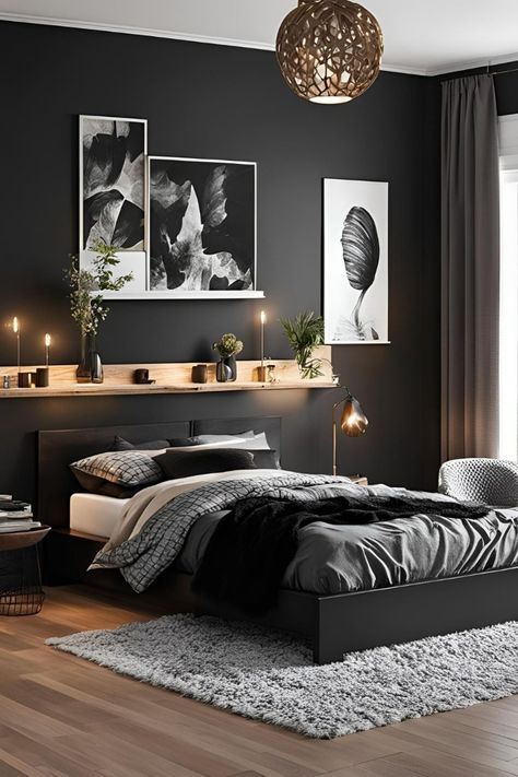 Black Wall Black Bed, Black And Crème Bedroom, Matte Black Accent Wall Bedroom, Black Wallpaper Bedroom Ideas, Black Bed Decor, Black Bedroom Ideas For Teens, Bedroom Black Headboard, Black Wall Room, Bedroom Inspo Black