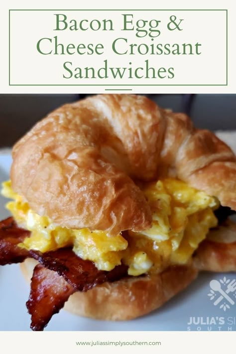 Croissant Breakfast Sandwich Bacon, Bacon And Egg Croissant, Bacon Croissant Sandwich, Breakfast Croissants Recipes, Breakfast Croissant Sandwich Ideas, Bacon Egg Cheese Croissant, Croissant Egg Sandwich, Breakfast With Croissants, Bacon Egg Croissant