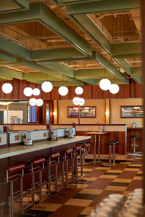 Breakfast Bar Restaurant, Midcentury Restaurant Design, Diner Restaurant Design, Bombay Sweet Shop, Milkshake Restaurant, Diner Interior Design, Retro Restaurant Design, Omelette Station, Pea Falafel