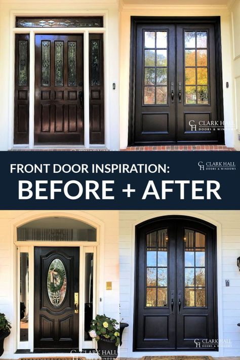 Custom iron front entry doors transform the design of any entrance. Don't worry about losing your single door's side lights. With large glass windows to let in all the natural light, these custom made traditional double doors take your exterior french door ideas to the next level. Do you need hurricane impact doors for your Florida home? We can also help you bring custom style to your front entrance with our hurricane impact French doors. Single Front Door To Double Doors, Front Door Inspiration, Double Doors Exterior, Custom Front Doors, Front Door Makeover, Home Exterior Makeover, Door Inspiration, Exterior Front Doors, Exterior Makeover