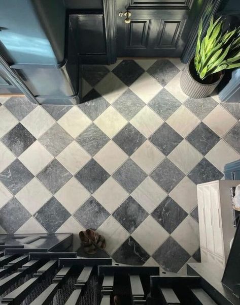 Checkered Tile Master Bath, Gray Checkerboard Floor, Victorian Entryway Tile, Black And White Checkered Tile Floor, Black White Tiles Bathroom, Black And White Marble Tile Floor, Black And White Stone Floor, White Tile Black Grout Floor, Tumbled Marble Floor