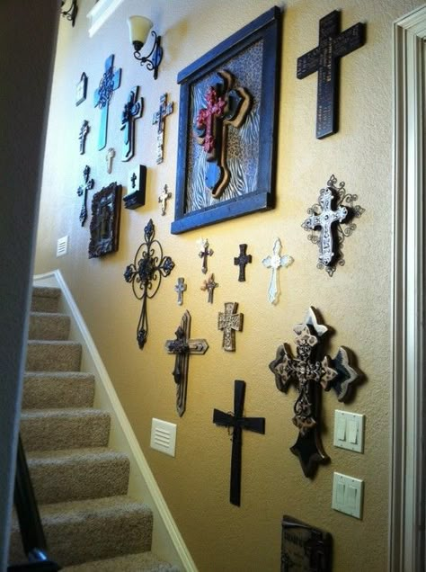 Cross Wall Collage, Cross Walls, Wall Of Crosses, Decorative Crosses, Cross Wall Art, Cross Decor, Cross Crafts, Cross Wall Decor, Cross Wall