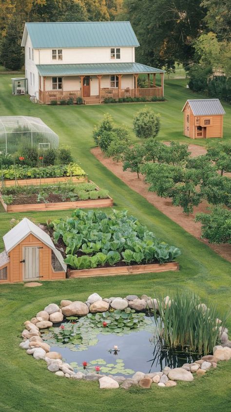 Easy one-acre homestead design featuring a farmhouse, vegetable garden, chicken coop, orchard, and a small pond. Perfect for beginner homesteaders! Backyard Garden In Ground, Greenhouse Duck Coop, Home On Acreage, Vegetable Garden Homestead, Garden Orchard Design, 1 Acre Garden Layout, Backyard Homestead Aesthetic, Garden With Orchard, Pond On Farm