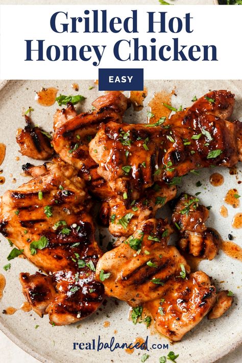 This Grilled Hot Honey Chicken is the best combination of sweet and spicy — perfect for a quick weeknight dinner or a weekend cookout. It can be marinated, grilled, and ready to serve in just 40 minutes. This one is really easy to make. You'll start by making your homemade hot honey sauce, marinate the chicken in half of this sauce for 15-30 minutes, then grill the chicken until it's cooked through, brushing it with some extra remaining sauce in the last few minutes. Skillet Hot Honey Chicken With Hearty Greens, Chicken Recipes For The Grill, Recipes With Hot Honey Sauce, Good Grilled Chicken Recipes, Honey Garlic Chicken Grilled, Hot Honey Glazed Chicken, Hot Honey Marinade, Hot Honey Sauce For Chicken, Quick Grilled Chicken Recipes