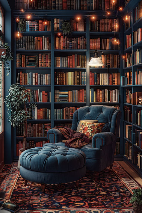 home library inspo, home library ideas, moody library Beautiful Libraries Cozy, Cool Nook Ideas, 1920s Home Library, Dark Library Room Aesthetic, Library Decorating Ideas Home, Small Dark Library Room, Small Library Space, Home Library Craft Room, Moody Bookshelf Styling