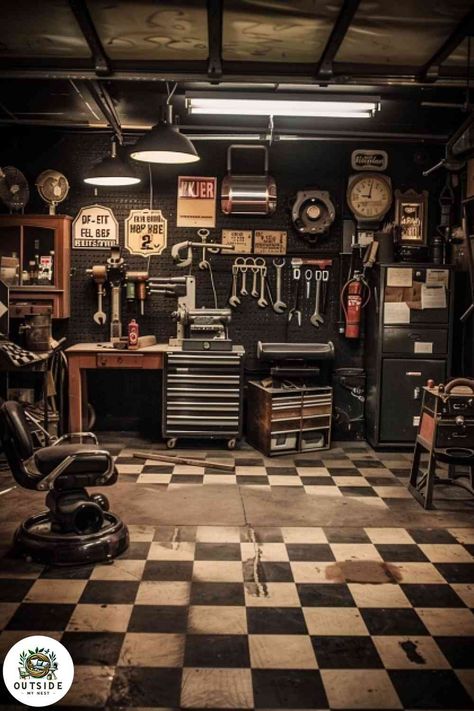 Motorcycle Mechanic Garage, Home Mechanic Shop, Old Garage Vintage, Vintage Mechanic Shop, Metal Garage Interior Ideas, Mens Garage Ideas, Attached Garage Ideas, Vintage Garage Decor, Car Garage Design Interior