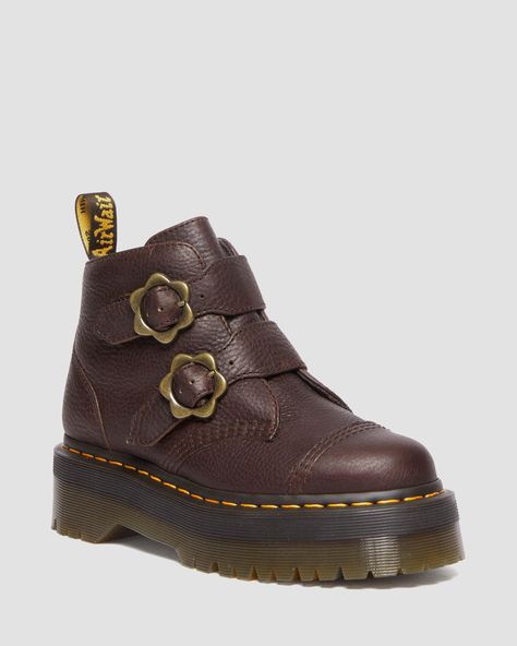 Shop Devon Flower Buckle Grizzly Leather Platform Boots in Dark Brown at Dr. Martens. Free delivery on orders over $50 Sepatu Platform, Brown Dr Martens, Leather Platform Boots, Dr Shoes, Yellow Heels, Funky Shoes, Swag Shoes, Cool Vintage, Pretty Shoes