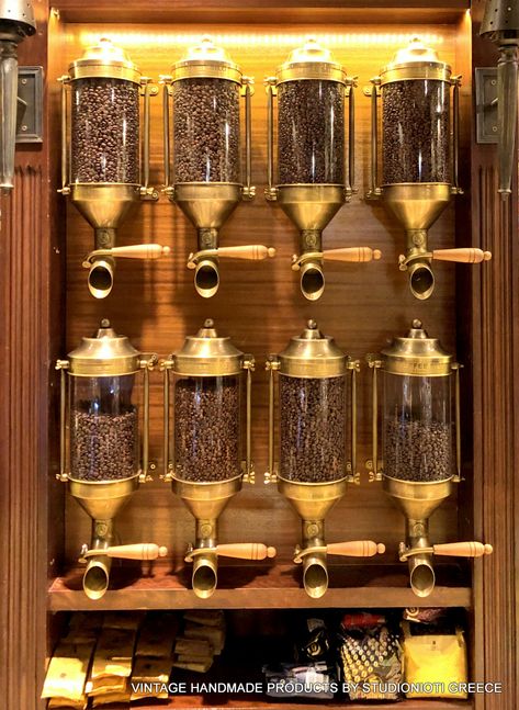 Brass Aged F150 Coffee bean Silo Special order for Washington DC Steampunk Coffee Shop, Coffee Store Ideas, Coffee Display Ideas, Coffee Shop Design Vintage, Coffee Roasting Room, Steampunk Cafe, Coffee Bean Shop, Handmade Lights, Coffee Display