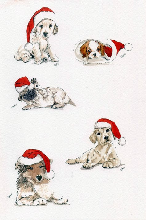 Christmas Ink And Watercolor, Christmas Dog Card, Dog Christmas Art, Christmas Dog Painting, Christmas Animal Art, Christmas Dog Art, Christmas Animals Drawing, Crismas Drawings Ideas, Christmas Dog Drawing